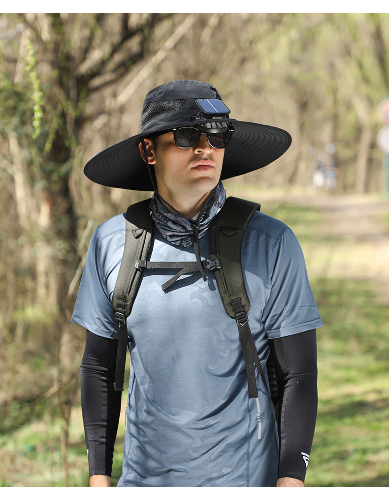 长续航锂电池风扇太阳能充电大风力夏大沿防晒帽男遮阳渔夫帽速干详情24