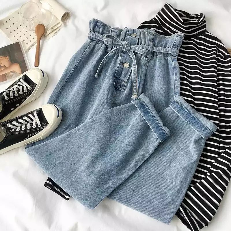 Summer fat girl high-waisted 9-inch jeans, loose and plate-sized mm, loose straight-leg wide-leg 9-inch Halon pants pic 1