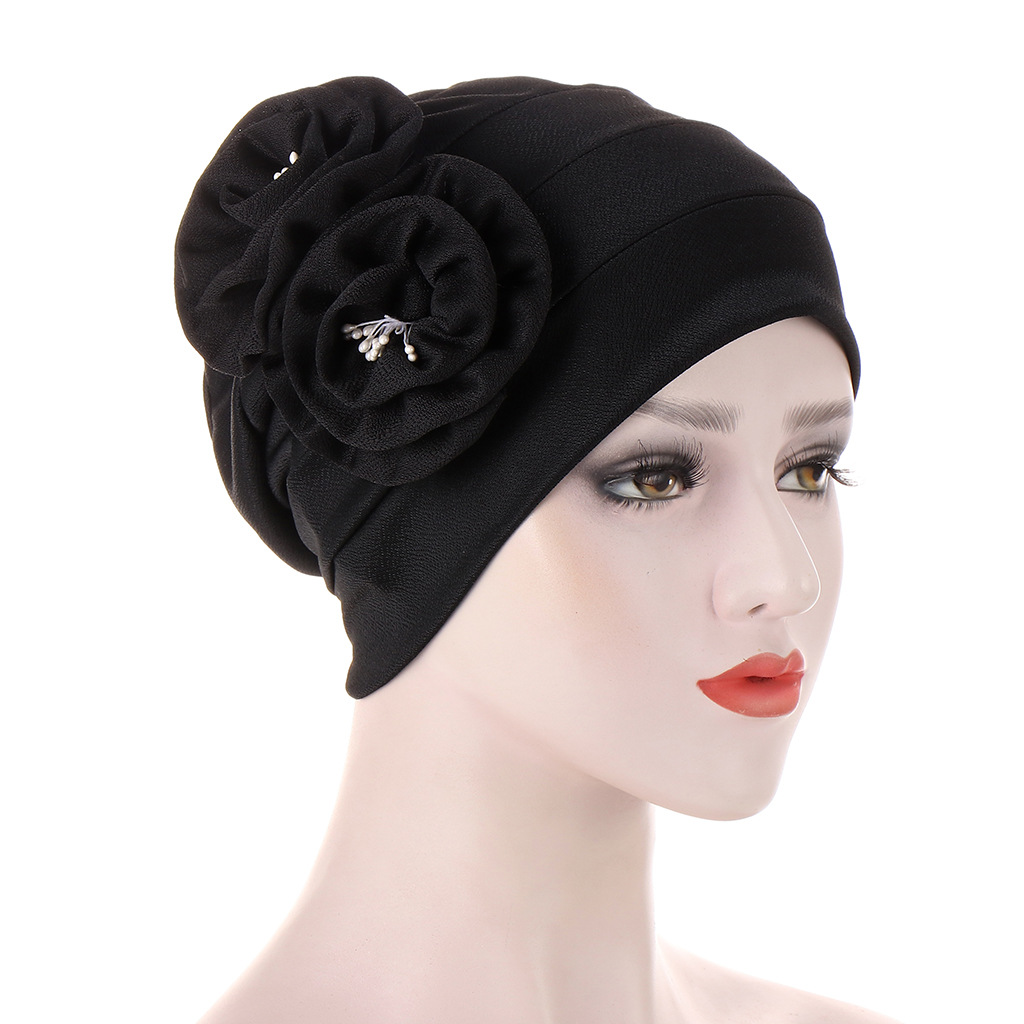 A new AliExpress style headscarf hat with two floral ribbons on the side and a flower core, a Muslim pullover hat pic 4