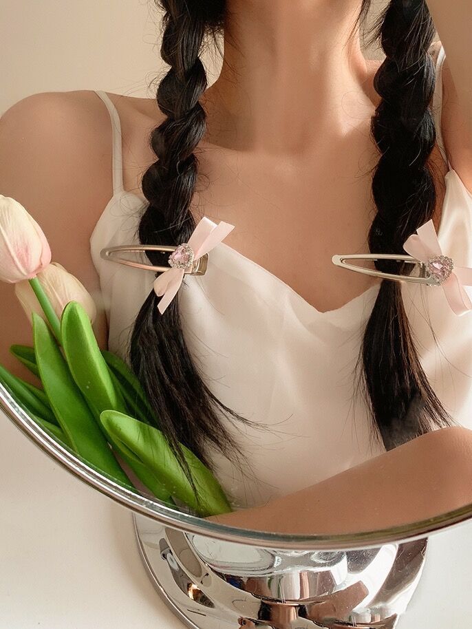 y2k Girl Heart Heart water Diamond pink bow hair clip, female bangs side hair clip, sweet duckbill hair accessory pic 5
