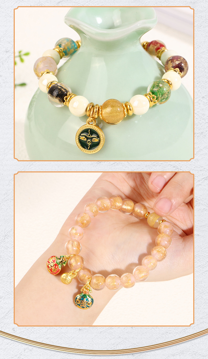 宫廷风五路财神香灰琉璃多宝珠手串国潮复古金箔珠吞金兽手链手饰详情18