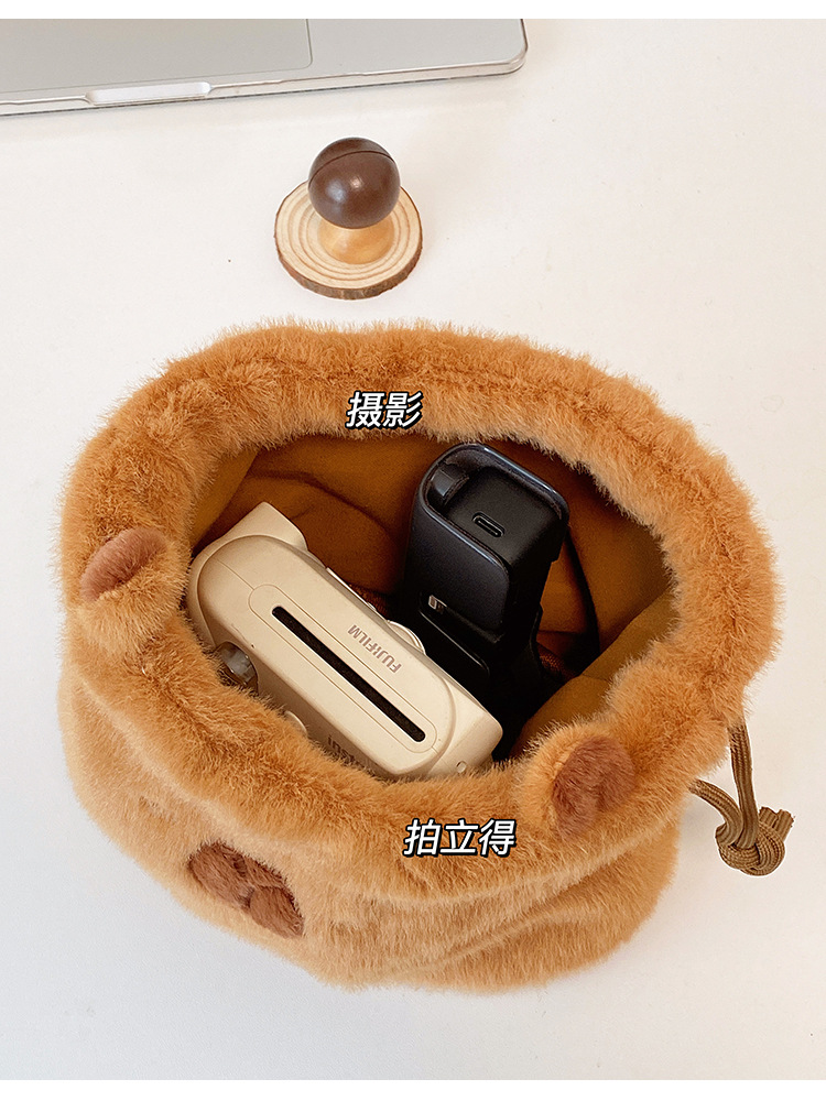 ✅ Cute plush kapibara drawstring pocket travel cosmetics camera polaroid storage bag hand pic 5