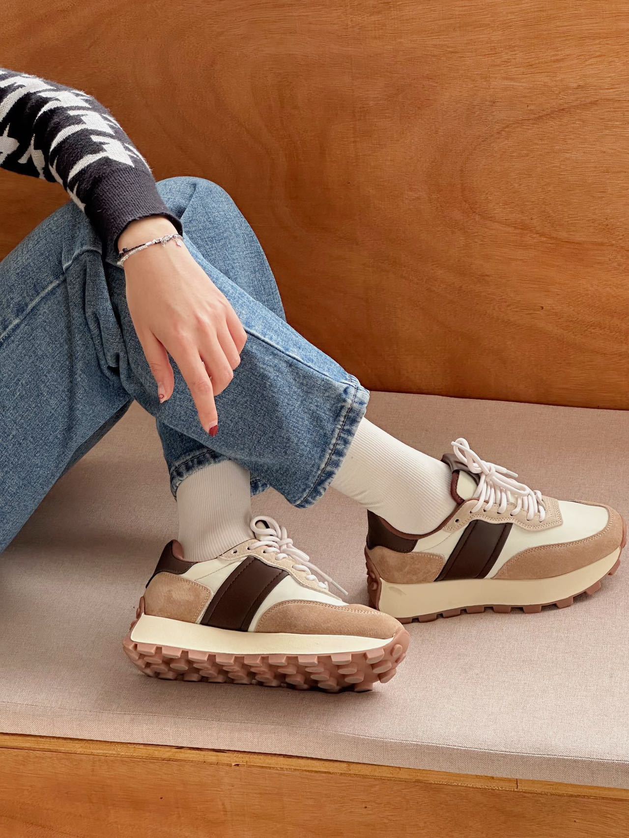 欧洲站2024春季新款时尚休闲百搭真皮复古厚底拼色系带运动鞋详情38