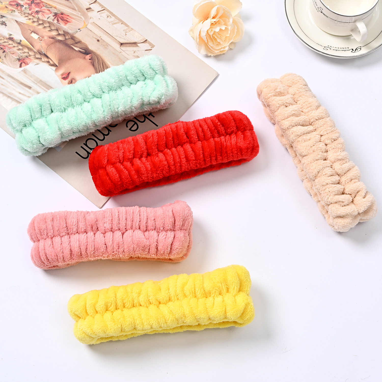 Bow face wash and hair band for girls wholesale solid color white matching makeup simple sweat-wiping wrist band flannel hair band pic 46