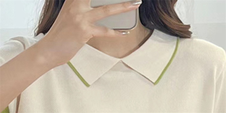 Color-blocking striped short-sleeved knitted sweater, summer Korean-style simple commuting ice silk top, pullover, base layer, lapel T-shirt for women pic 13