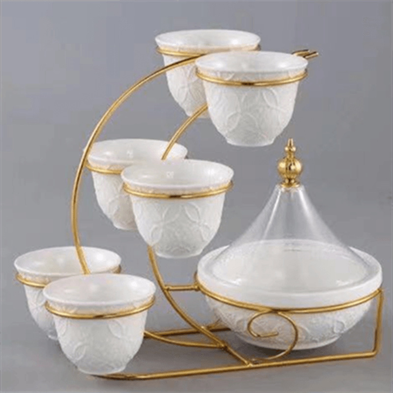 Light luxury home furnishings: multi-compartment fruit plate, European-style white gold ceramic tea cup, tea tray, dessert print, covered bowl, golden castle vase pic 8