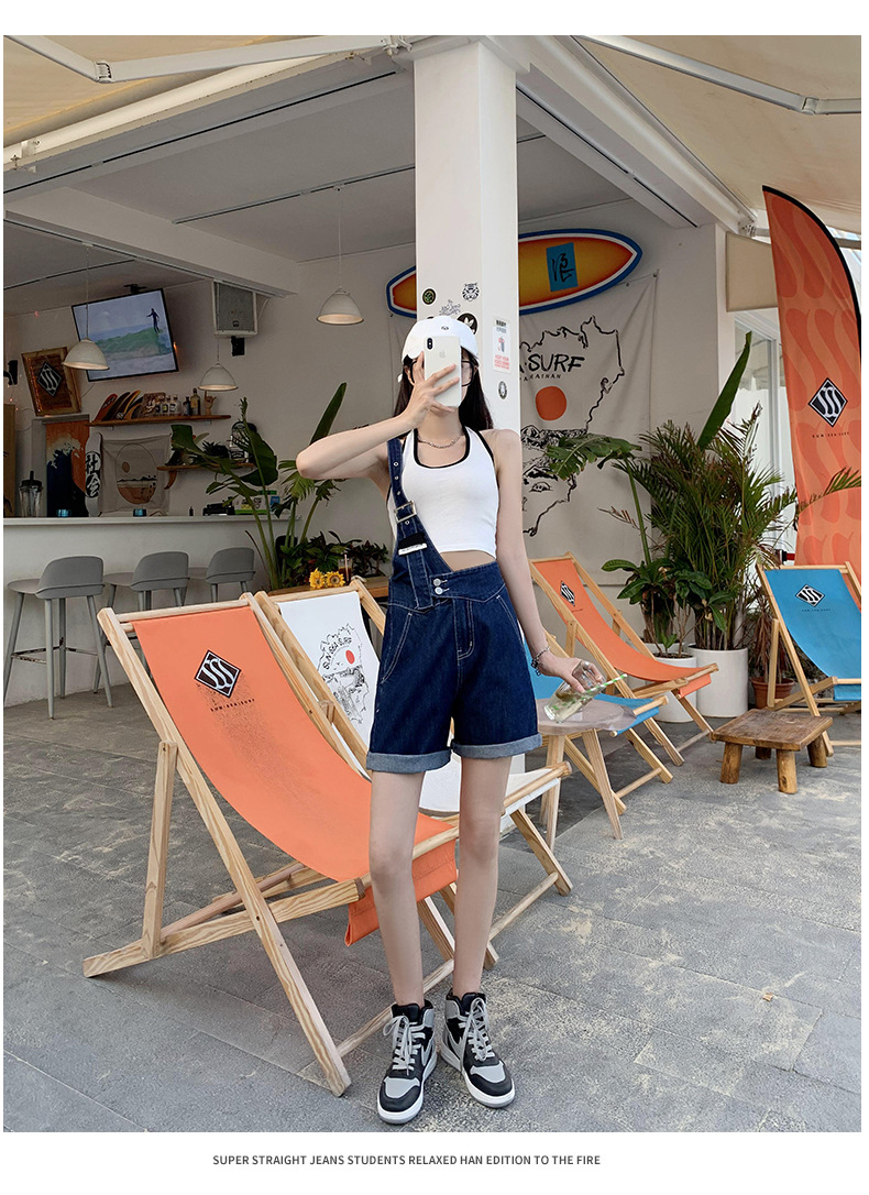 Summer retro salt single-shoulder overalls for women 2021 new style fashionable and youthful thin denim shorts, Korean style loose pic 17