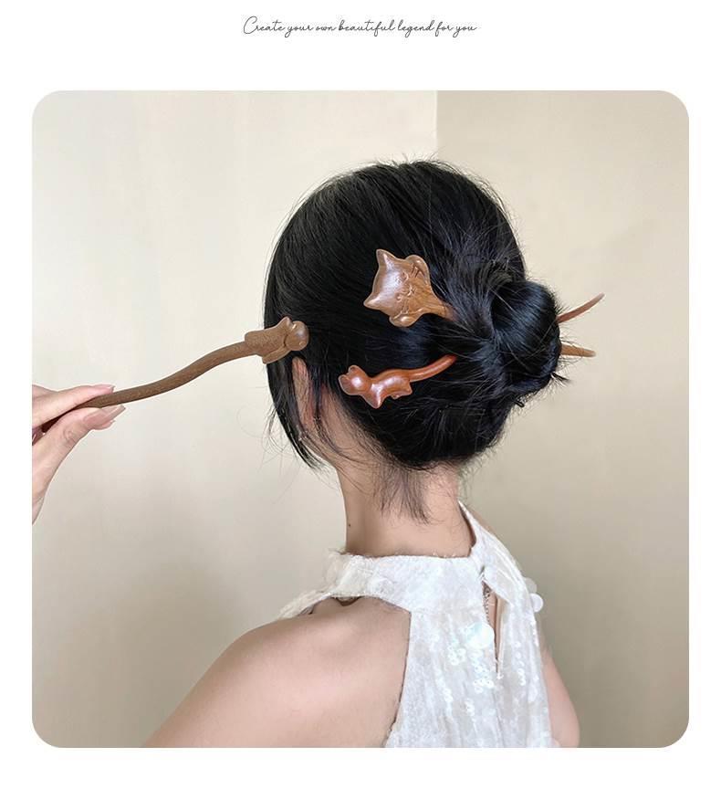 国风国潮可爱猫咪发簪女古风新中式木质发张簪子u型发钗檀木小众木簪头饰详情7