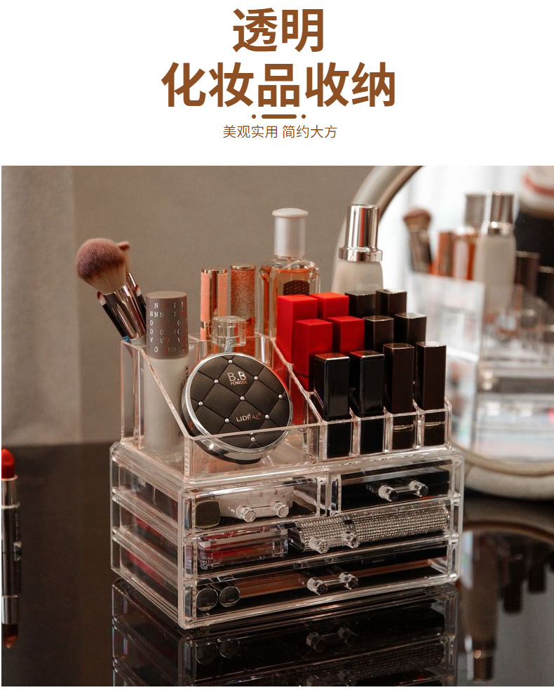 收纳盒化妆品亚克力化妆盒桌面收纳透明可叠加抽屉式化妆品收纳盒详情3