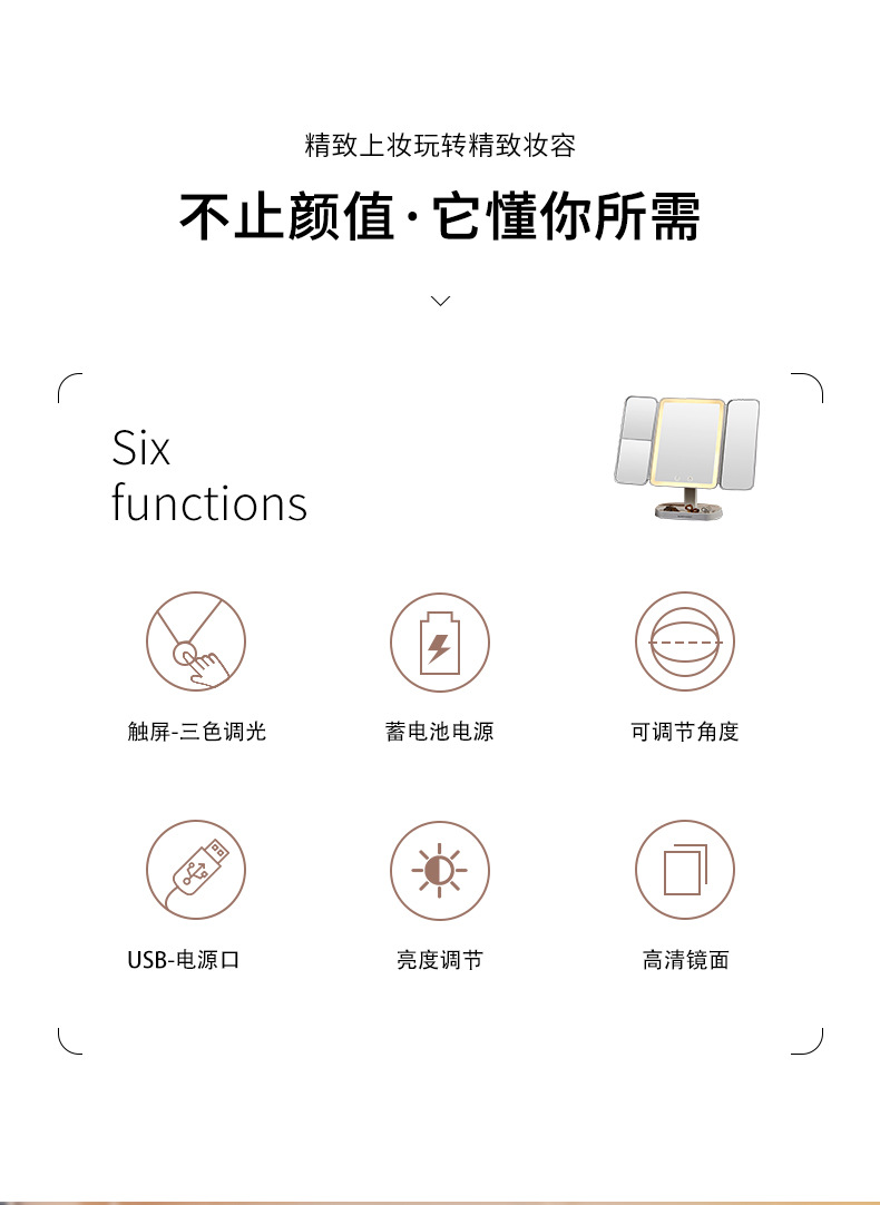 贝壳led化妆镜子带灯充电款智能三色调光折叠镜子三倍放大美妆镜详情5
