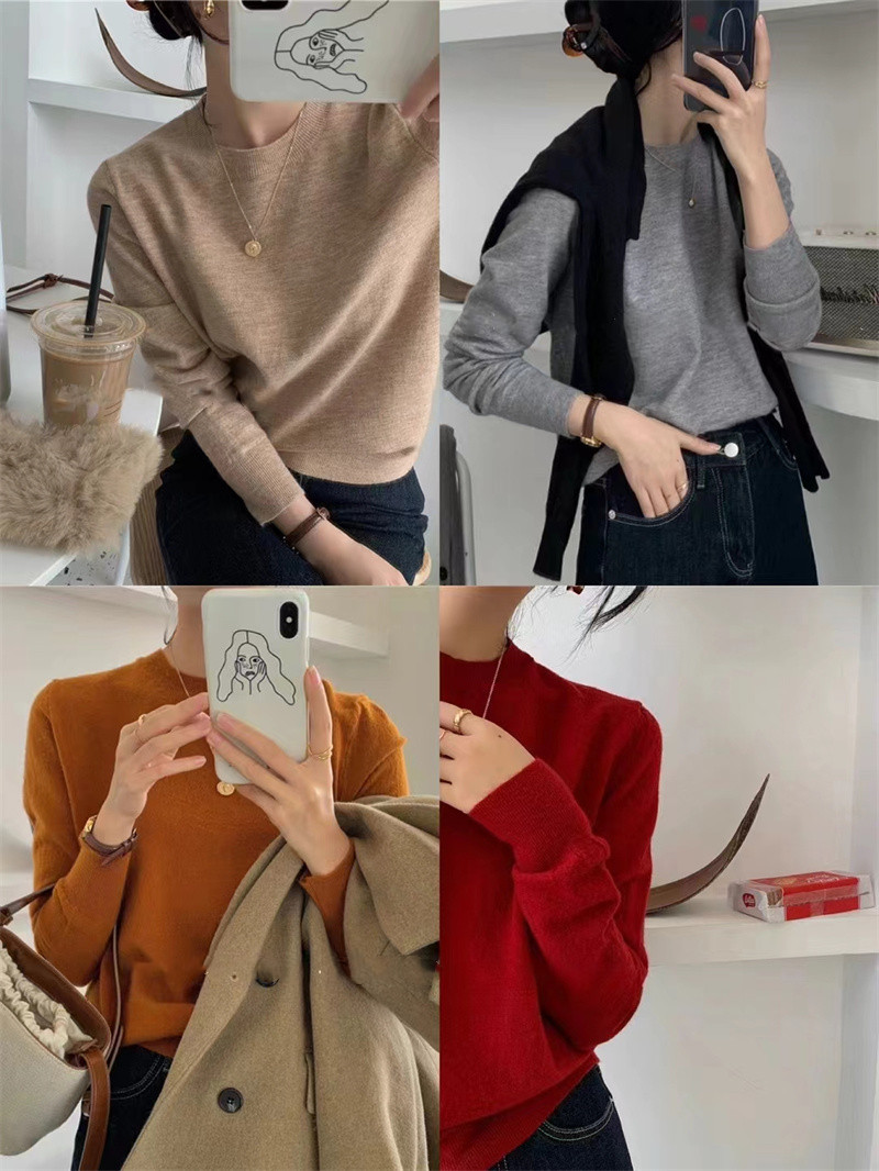 韩版秋冬季百搭圆领套头毛衣女2024新款纯色简约内搭显瘦针织上衣详情40