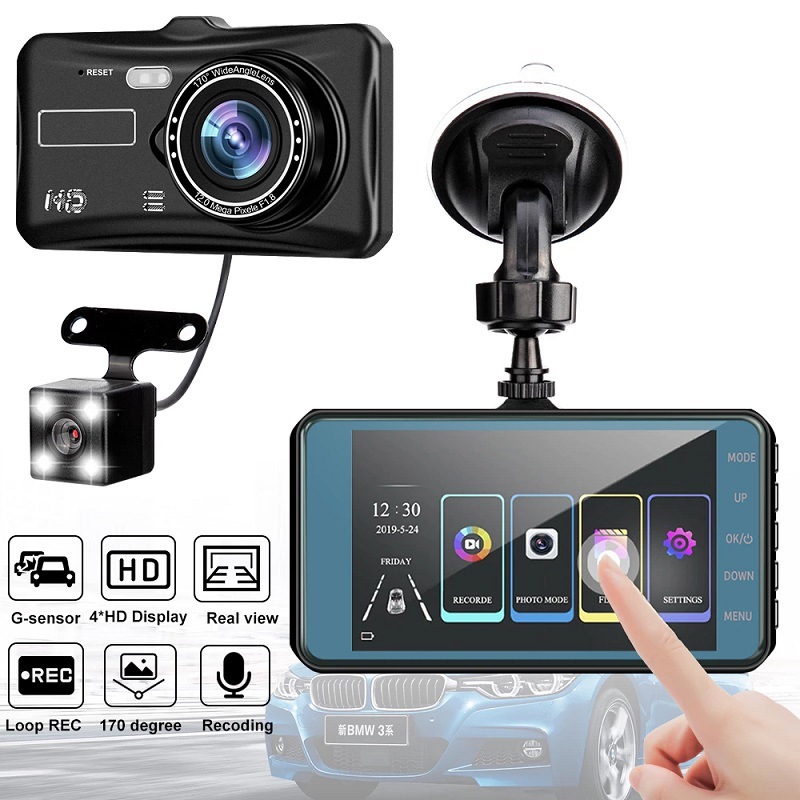 4-inch touch screen dashcam, 1080p high-definition dual-lens, dual-recording front and rear of the car, reversing camera, cross-border pic 2