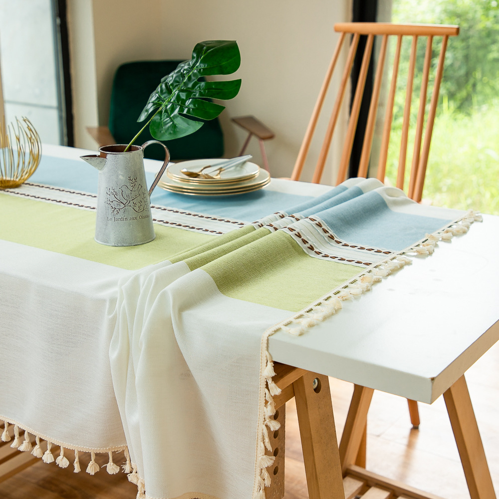 Cross-border Japanese color-blocking and color-blocking embroidered tassel tablecloths, kitchen, dining room, party, family table cover decoration, cotton and linen pic 5