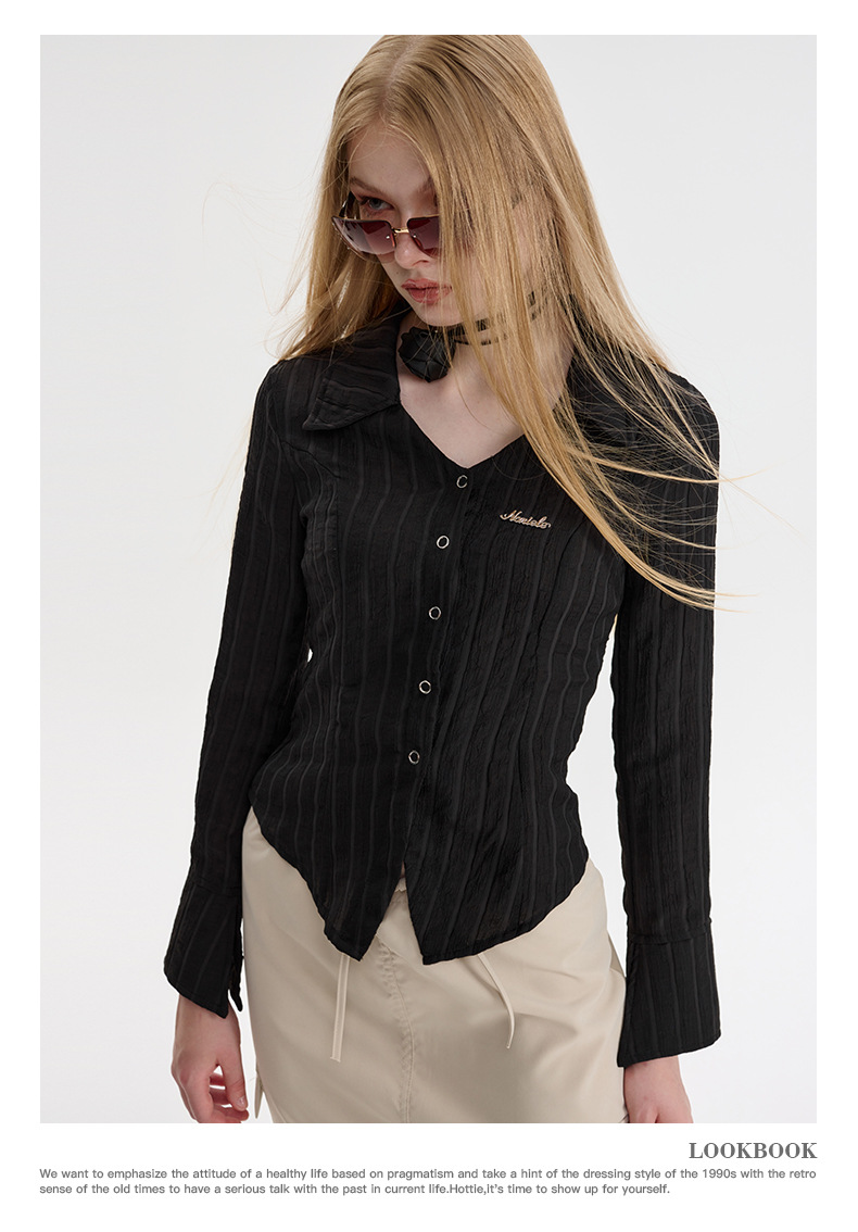 Nariele 洋气薄款开衫V领春秋短款衬衫女御姐风修身长袖韩系上衣详情12