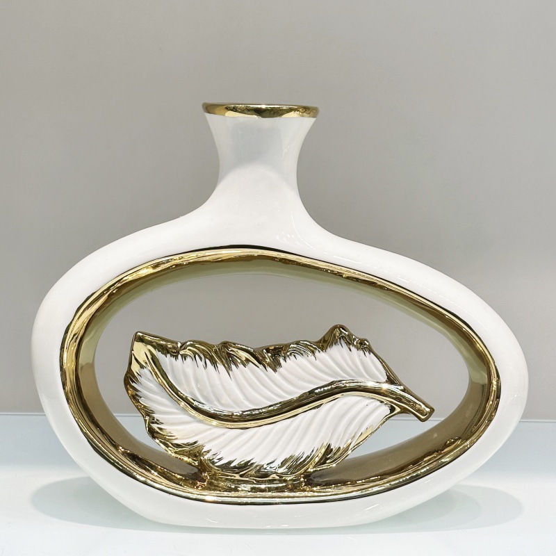 Light luxury modern style electroplated ceramic vase, high-end feather art piece, creative flower arrangement ceramic handicraft display piece pic 2