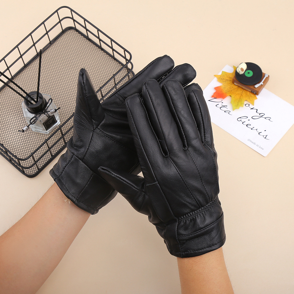 Cross-border men's fleece leather gloves, winter cycling motorcycle windproof and warm gloves, thickened parquet genuine leather gloves pic 9