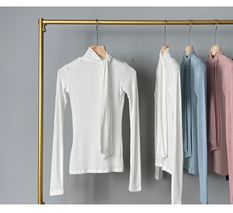 女人味飘带紧身高领长袖T恤女 韩国东大门新款温柔奶油粉女式上衣详情16