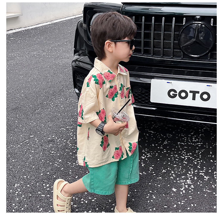 儿童衬衫2023童酷夏装韩版洋气宝宝上衣帅气玫瑰花满印男童衬衣潮详情21