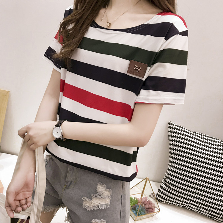 批发2022夏季新款韩版条纹短袖t恤女士宽松衣服上衣女装一件代发详情33
