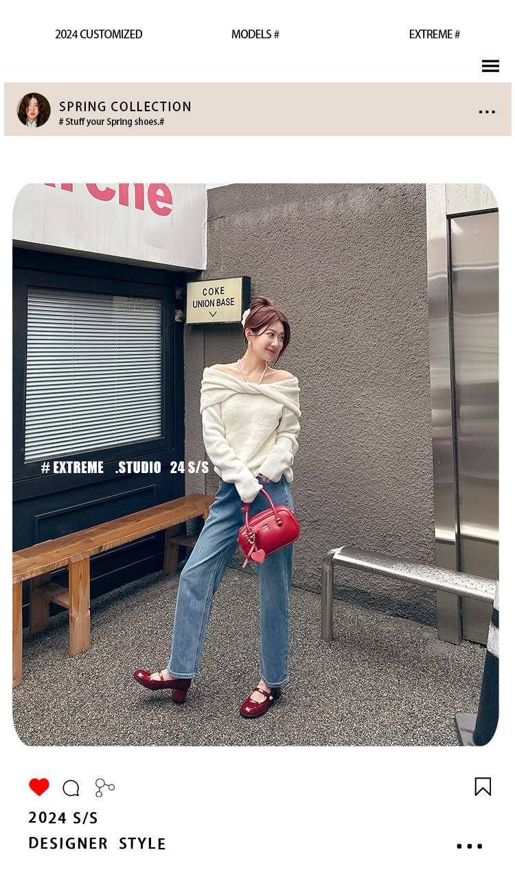 苏茵茵人间芭比韩国圆头珍珠红色粗跟单鞋玛丽珍鞋女小皮鞋详情2