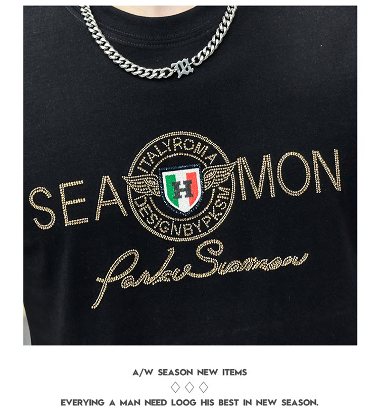 2024年夏季新款男士字母休闲时尚烫钻印花透气圆领修身短袖T恤衫详情8