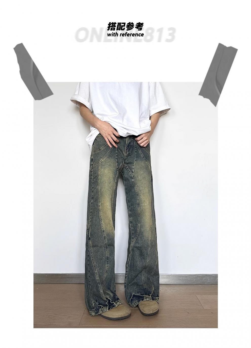 秋季美式潮牌复古牛仔裤男学生宽松黄泥染直筒裤水洗做旧阔腿长裤详情2