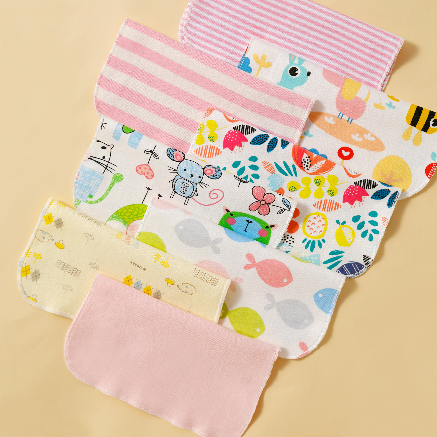 momscare baby square towels/feeding towels and saliva wipes are all packed in 8-piece cotton fabric with fixed patterns pic 15