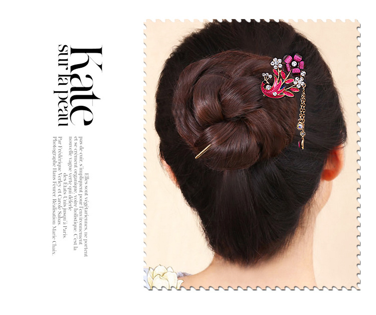 时尚民族风合金镶钻发簪 滴油复古蝴蝶型孔雀簪子女式流苏步摇发饰批发007详情31