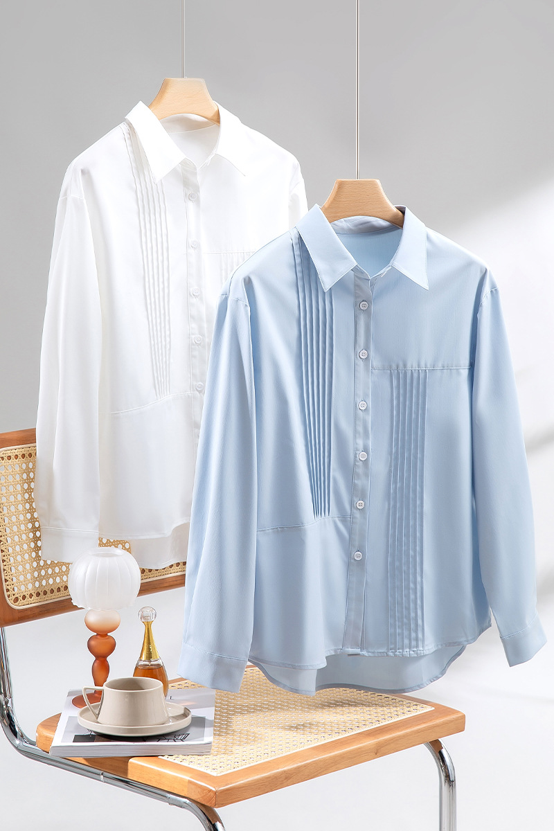 秋季女士纯色衬衫Polo领日系设计感上衣新款宽松复古百搭衬衣开衫详情7