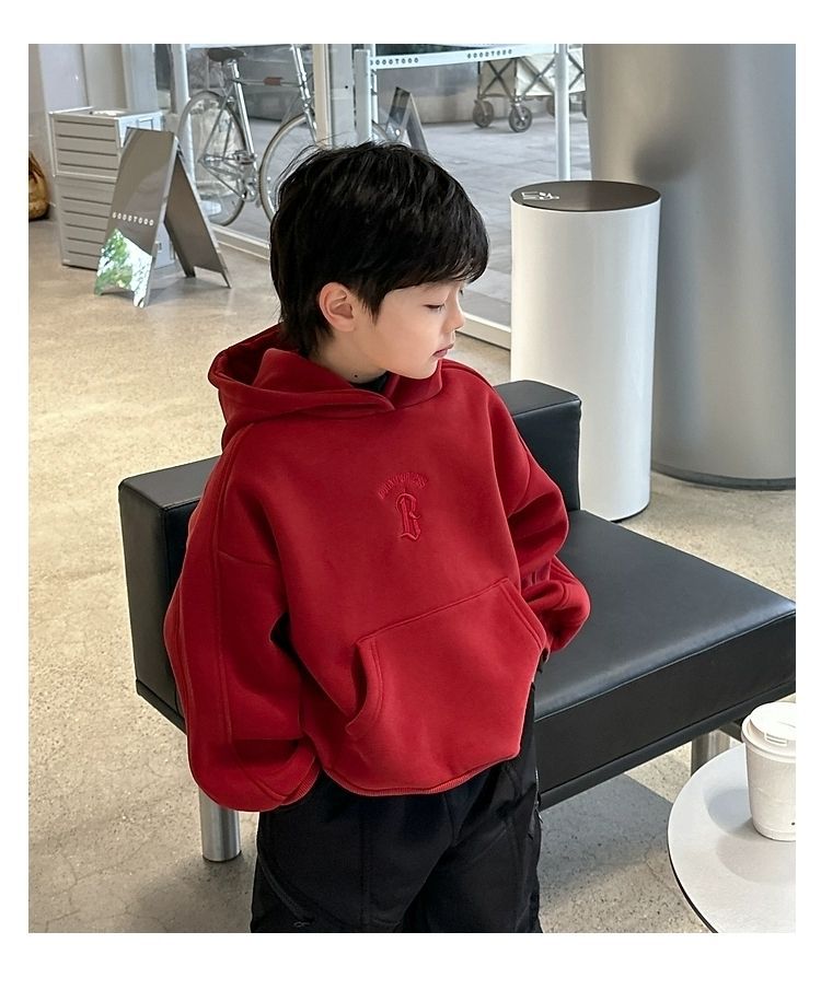 儿童字母刺绣加绒加厚新年红色连帽套头卫衣冬韩版男女童宽松上衣详情20
