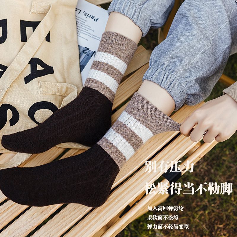 袜子女中筒袜加厚保暖秋冬款条纹复古堆堆袜拼色男女百搭厚袜子详情2