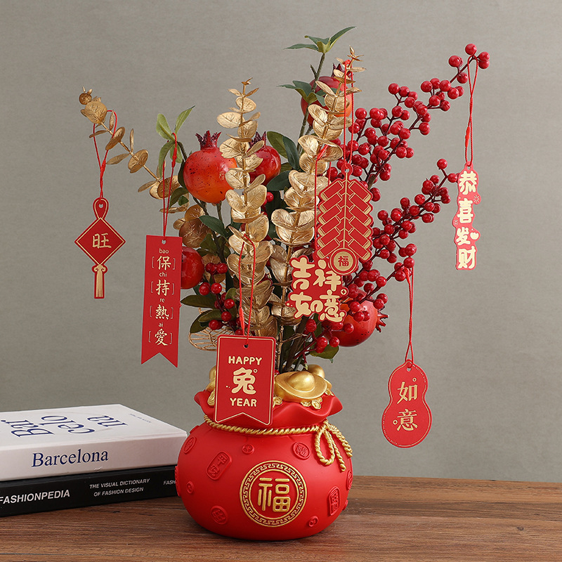 元宝钱袋客厅插花摆件新年喜庆存钱罐招财摆设麦穗红果干花花瓶详情5