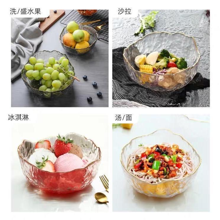 Japanese-style hammered gold-edge glass bowl, transparent salad bowl, household fruit bowl, creative fruit plate, internet-famous tableware set pic 1