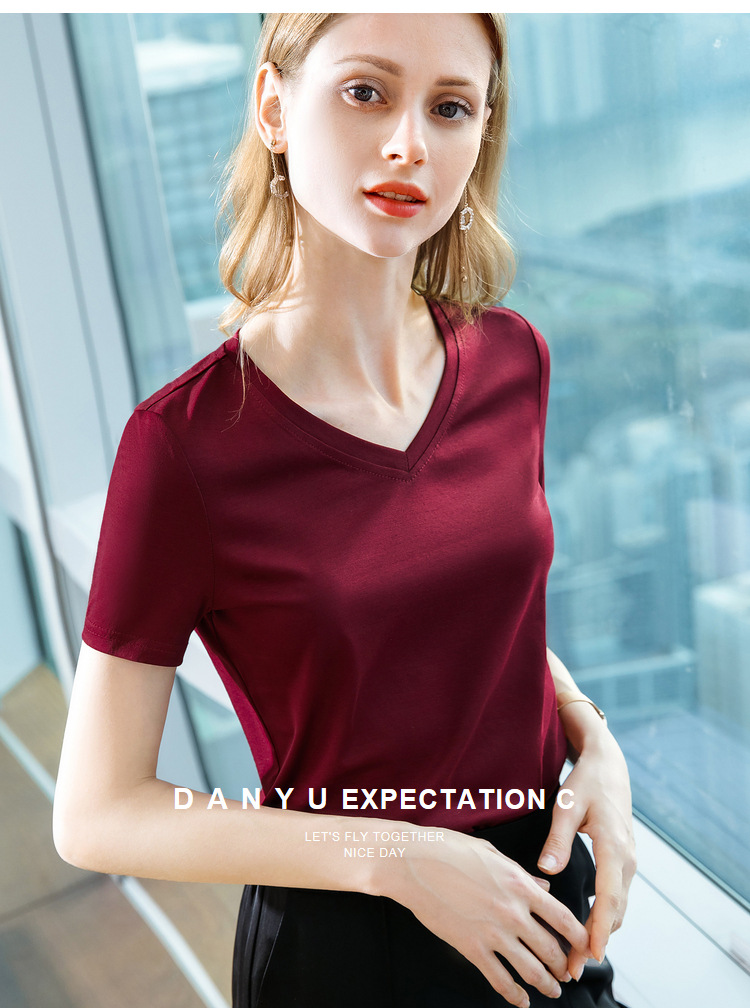 冰感丝光棉短袖t恤女2024新款女装气质v领纯棉体恤纯色高级感上衣详情24