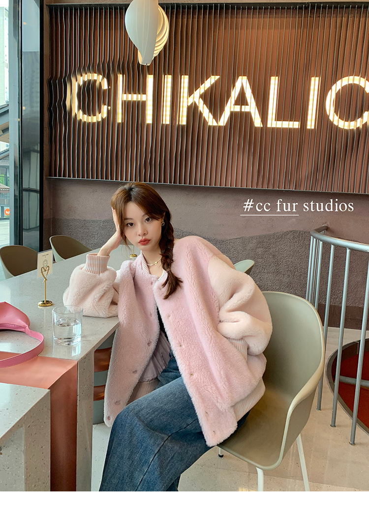 颗粒绒棒球服羊羔毛皮草外套女撞色时尚粉色羊剪绒皮毛一体大衣冬详情7