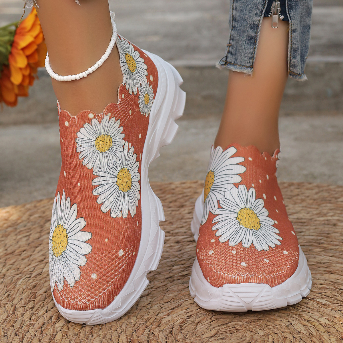 跨境2024春秋欧美新款大码拼色浅口懒人圆头飞织厚底女式休闲单鞋详情3