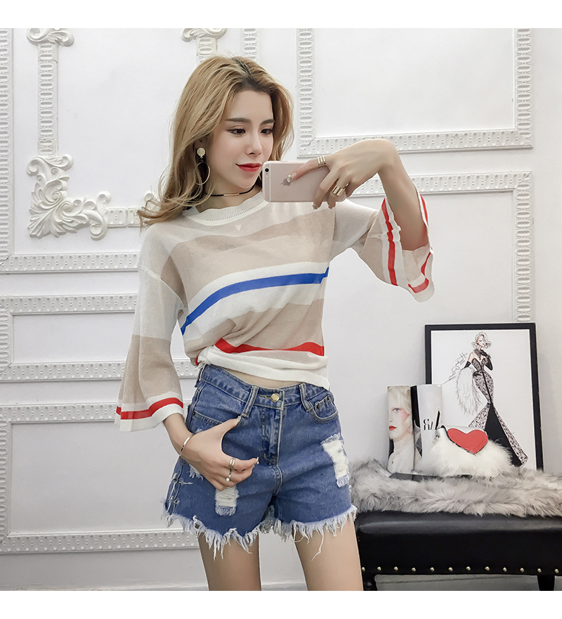 Korean-style striped thin cut-out see-through knitted sweater for women, half-sleeved loose large-sized flared sleeve top pic 12