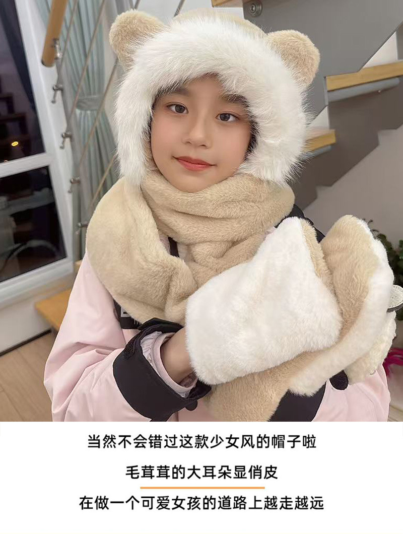 A three-piece set of cute plush hat and scarf for girls in winter 2024, a Korean-style, thickened and fleece one-piece warm hat pic 1
