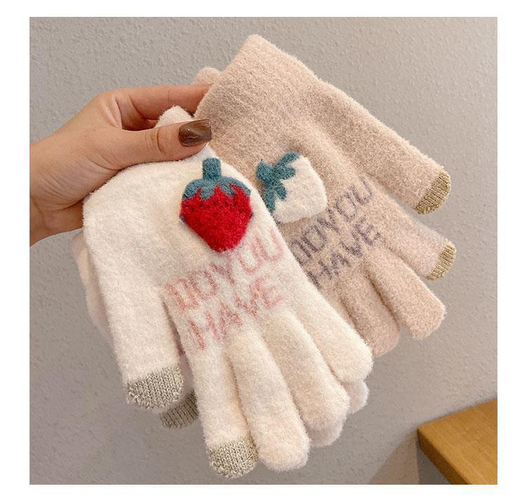 Sweet strawberry couple gloves in Japanese and Korean style, ins style plush touch screen knitted warm gloves with fleece finger separation gloves pic 4