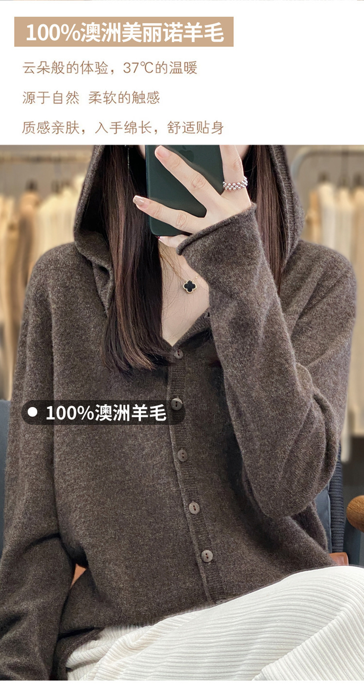 女士连帽100羊毛衫开衫百搭秋冬新款纯色一线成衣潮卫衣针织外套详情7