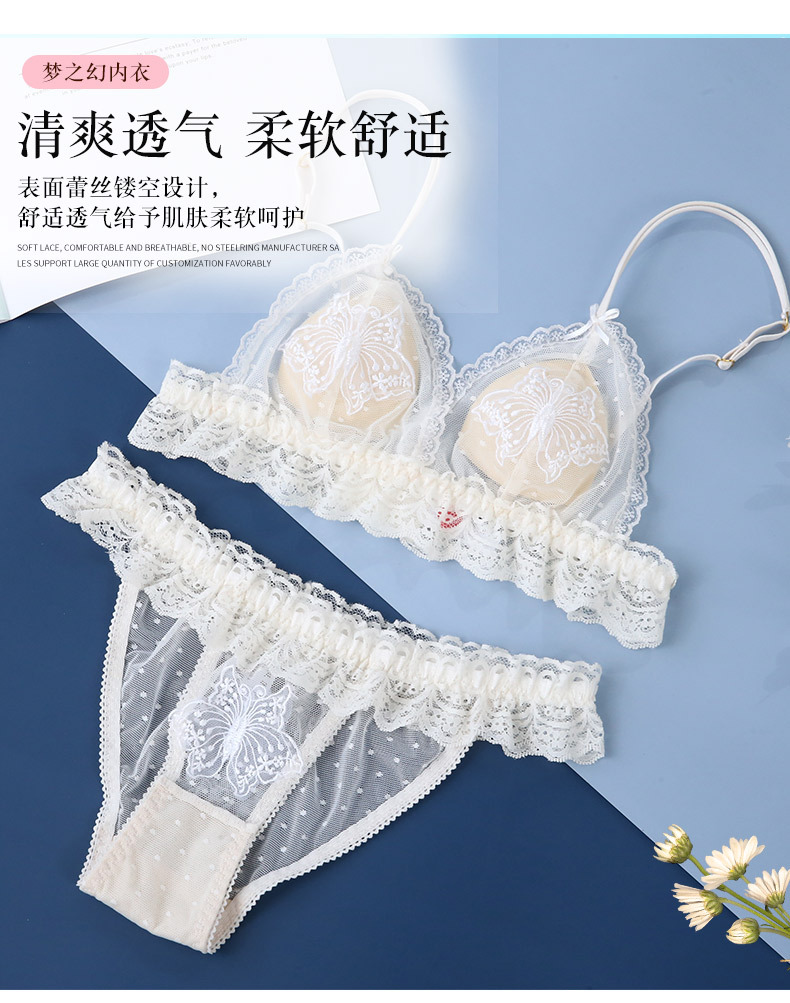 Soft and cute style, soft bra, sweet lace mesh, butterfly embroidery underwear, anti-protruding triangular cup bra set pic 5