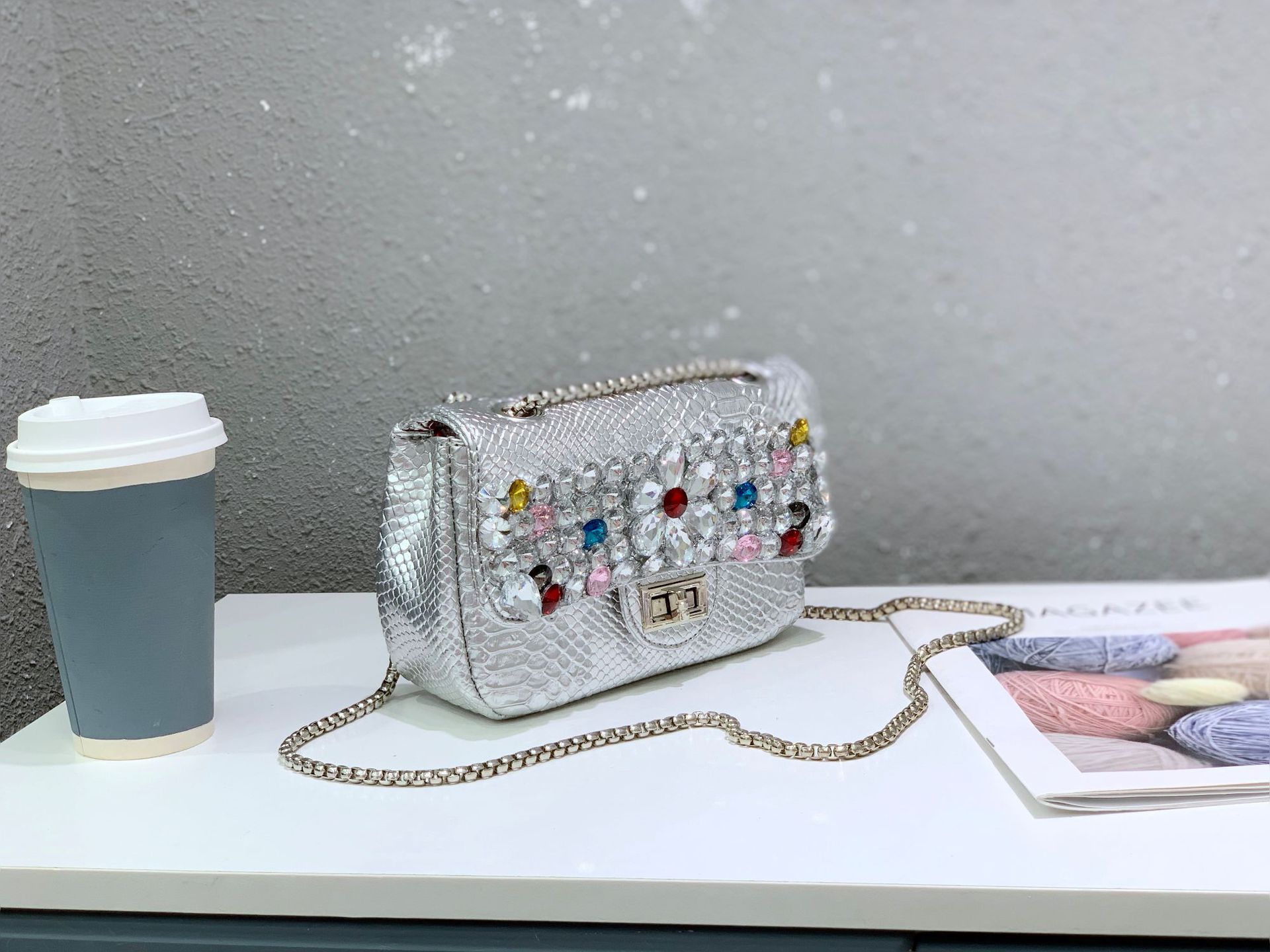 Chanel snake-patterned diamond bag, single-shoulder crossbody bag, crystal gemstone hot mom bag, flower sequined chain bag, water diamond bag pic 28