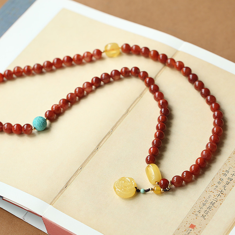 Natural three-circle flame red South red bracelet, turquoise meander beads with amber bucket beads and amber rose pendant bracelet pic 7