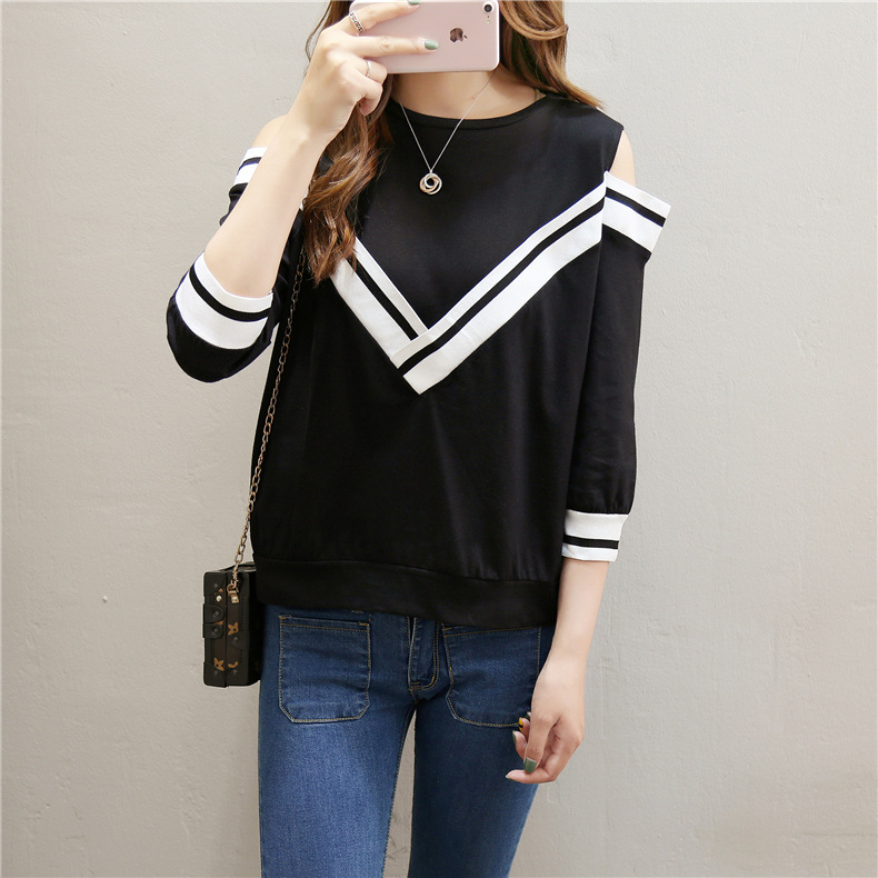 Spring and Autumn new versatile T-shirt for women, 7-inch sleeved off-the-shoulder long-sleeved sexy half-sleeved top pic 21