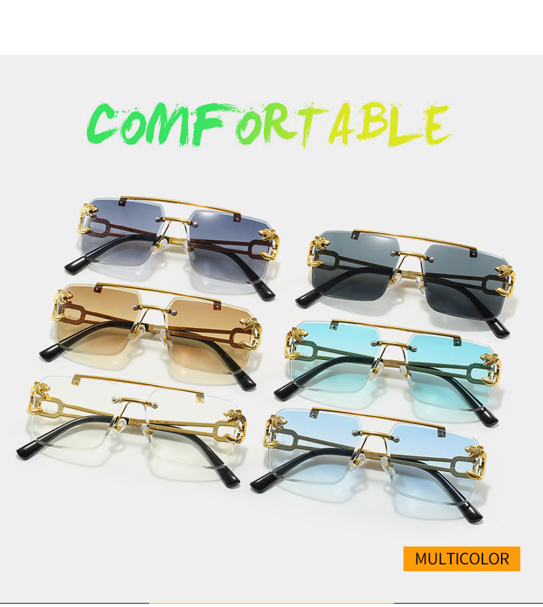 2024新款欧美男士复古双梁太阳镜时尚豹子无框切边墨镜女跨境批发详情3