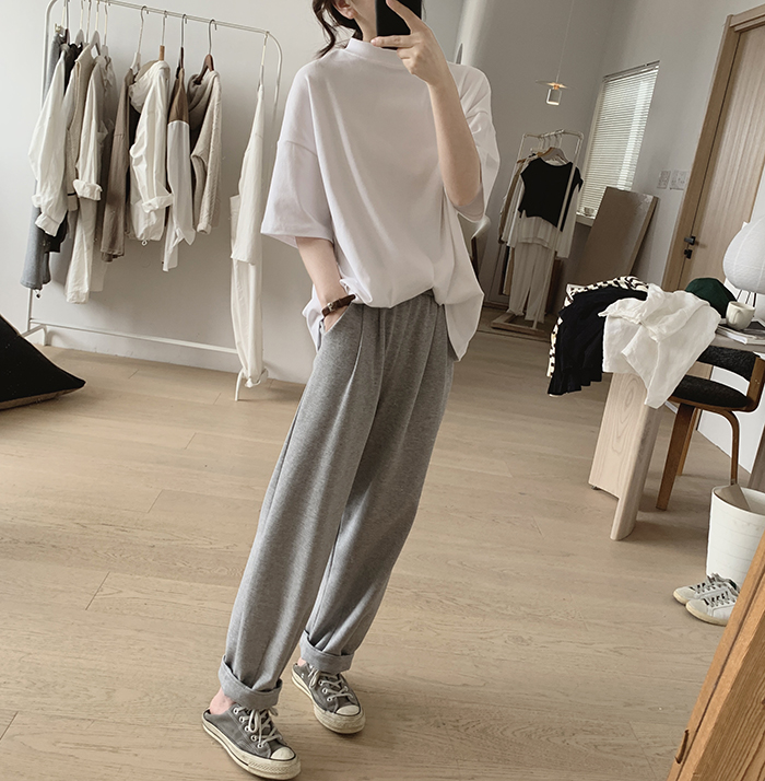 琪镌绘制半高领t恤女式春夏季新款宽松显瘦韩版简约半袖减龄棉质详情7