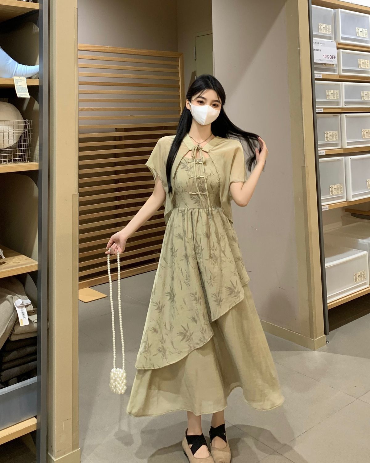 国潮竹叶国风汉服不规则吊带连衣裙女夏大码胖mm新中式收腰显瘦两件套详情9