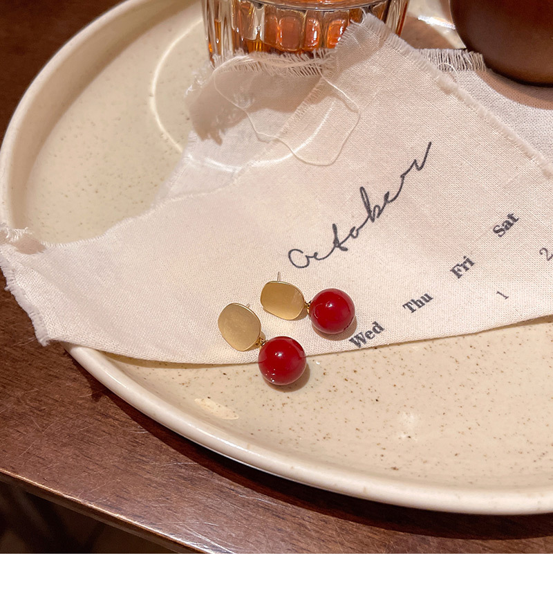 新年喜庆安可拉红色珠子耳钉女哑光拉丝几何形耳钉港风复工耳饰品详情18