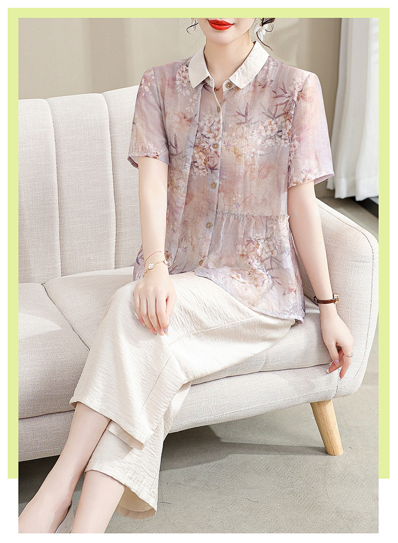 中年妈妈夏装棉麻套装洋气2024新款中老年女夏季短袖衬衫上衣薄款详情43