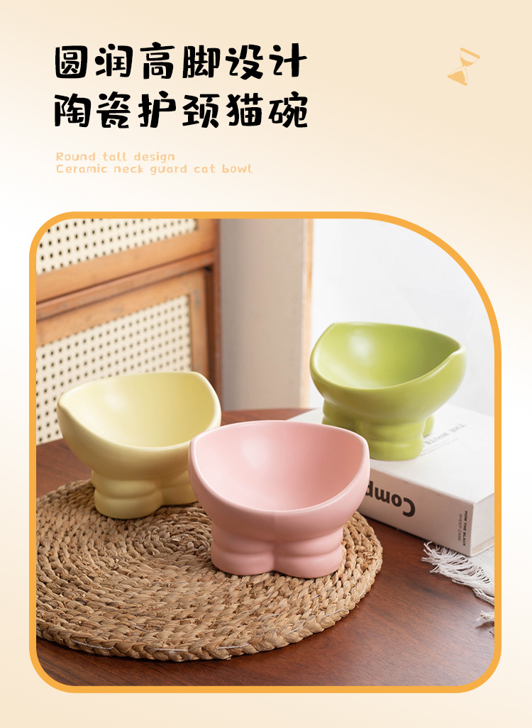 Cat bowl, ceramic food bowl, water bowl, double bowl, cervical vertebrae protection, high leg, slanted mouth, cat drinking bowl, pet bowl, pet supplies pic 12
